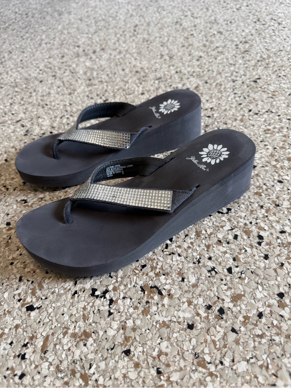 Yellow Box Dark Grey Wedge Sandals with Silver Rhinestone Straps